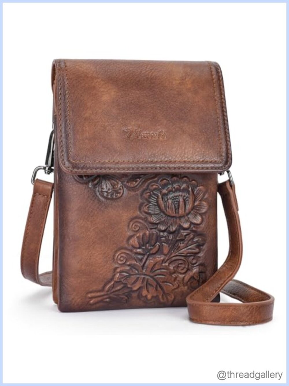 Embossed Floral Vegan Leather Small Crossbody Phone Bag Adjustable Strap